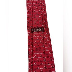 Hermès Paris Red 100% Silk Tie Sailboat Starfish Seashell Wave Print Luxury